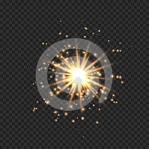 Star burst with sparkles. Golden light flare effect with stars, sparkles and glitter isolated on transparent background