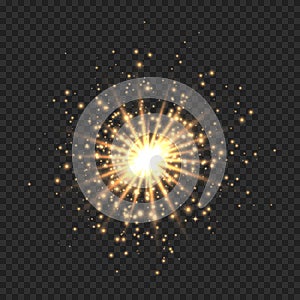 Star burst with sparkles. Golden light flare effect with stars, sparkles and glitter isolated on transparent background