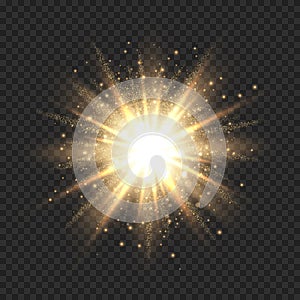 Star burst with sparkles. Golden light flare effect with stars, sparkles and glitter isolated on transparent background