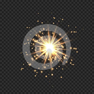 Star burst with sparkles. Golden light flare effect with stars, sparkles and glitter isolated on transparent background. Vector