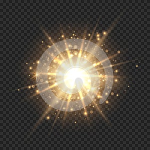 Star burst with sparkles. Golden light flare effect with stars, sparkles and glitter isolated on transparent background. Vector