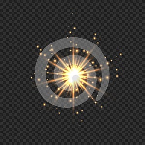 Star burst with sparkles. Golden light flare effect with stars, sparkles and glitter isolated on transparent background. Vector