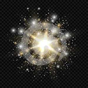 Star burst with sparkles. Golden and silver light flare effect with stars, sparkles and glitter isolated on transparent background