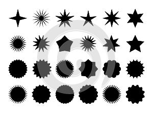 Star burst sticker set. Black flat price tags explosion silhouettes, starburst retro sale badge. Vector illustration