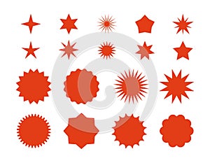 Star burst stickers. Red retro sale badge, flat price tags silhouettes, starburst labels graphic template. Vector star