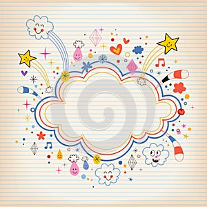 Star bursts cartoon cloud shape banner frame lined note paper background