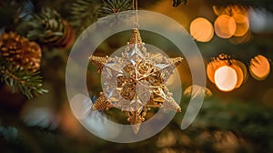 Star, Christmas tree ornament, golden decoration over blur lights, dark new Year eve background, winter holidays