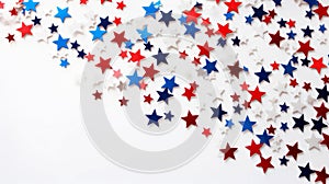 Star confetti in the colors of the United States of America flag on a white background.
