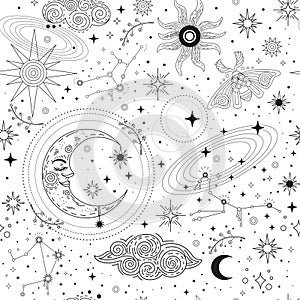 Star constellation moon and moth seamless pattern