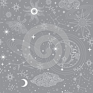 Star constellation moon and sun on gray seamless pattern