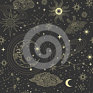 Star constellation moon and sun seamless pattern