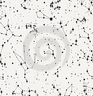 star constellation zodiac space, seamless stellar black and white vector pattern