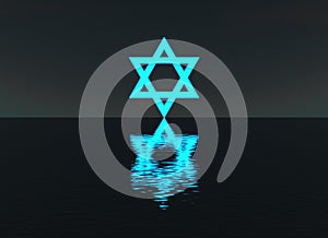 Star of David glowing over water night scene