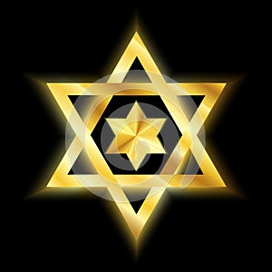 Star of David golden sign on a black background.Judaism religious symbol. Luxury Gold hexagram.Israel symbol.Vector