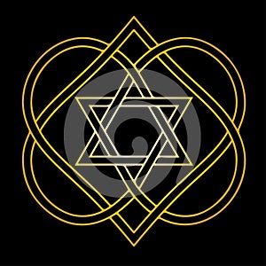 Star of David, merkabah, light, spirit, body inside of celtic knot of hearts