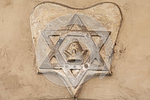 Star of David -relief on facade of Old New Synagogue, Josefov,Jewish quarter of Prague, Czech Republic