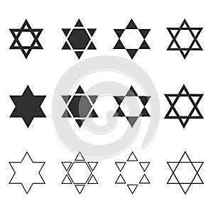 Star of david shape icon set in black flat and outline design
