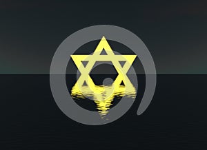 Star of David shining over water at night