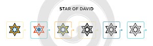 Star of david vector icon in 6 different modern styles. Black, two colored star of david icons designed in filled, outline, line