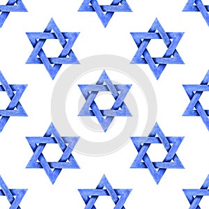 Star of David watercolor background illustration. Jewish Israeli religious symbol seamless pattern. Judaism sign. Light blue six