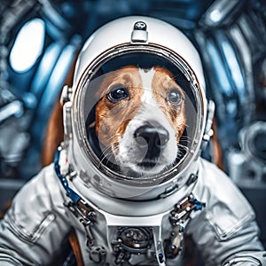 Star Dog Patron. Portrait of a brave pet in space suit with fantastic interior photo