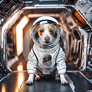 Star Dog Patron. Portrait of a brave pet in space suit with fantastic interior photo