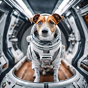 Star Dog Patron. Portrait of a brave pet in space suit with fantastic interior photo