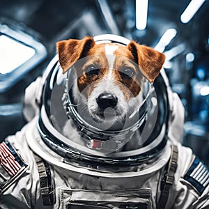 Star Dog Patron. Portrait of a brave pet in space suit with fantastic interior photo