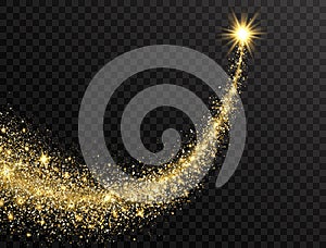 Star dust trail with glitter sparkling particles on transparent background. Gold glittering space comet tail. Cosmic