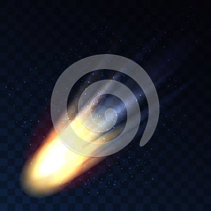 Star fall on transparent background. Vector comet, meteor or asteroid shooting isolated