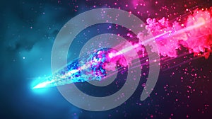 Star falling light VFX effect. Green and pink magic flame with neon glowing tail with particles and steam. Space ship or