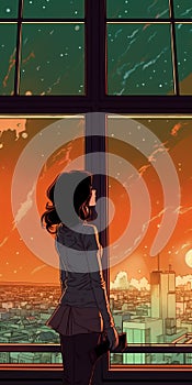 Star Gazing: A Comic Art Of A Girl Looking At The Stars From A City Window