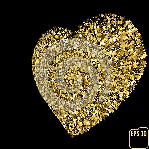 Star glitter gold sequin in heart shape isolated on black background - love and valentine concept