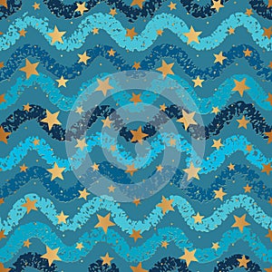 Star gold seamless pattern. Background teal color with golden stars. Blue green texture. Turquoise pattern. Navy paint blots brush