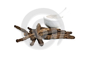 Star grass or Hypoxis aurea Lour. root isolated on white background photo