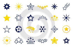 Star icons. Premium black and outline symbols of star shapes, four five six-pointed star labels on white background