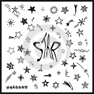 Star icons. Set of black sparkle effect. Magic particle flat scribble design on white background. Shine effect cartoon doodle.