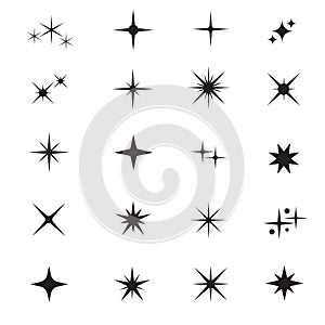 Star icons. Twinkling stars. Sparkles, shining burst. Christmas vector symbols isolated