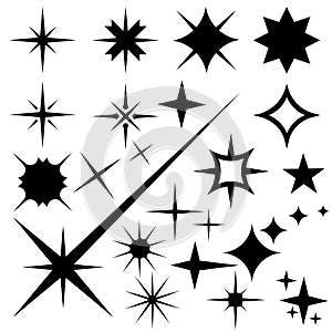 Star icons. Twinkling stars. Sparkles, shining burst. Christmas vector symbols isolated