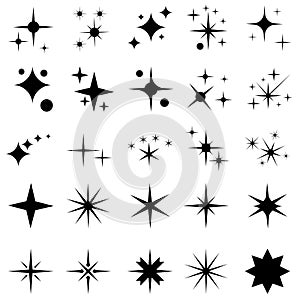 Star icons. Twinkling stars. Sparkles, shining burst. Christmas vector symbols isolated