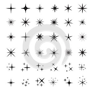 Star icons. Twinkling stars. Sparkles, shining burst. Christmas vector symbols isolated