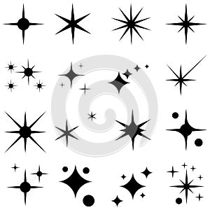 Star icons. Twinkling stars. Sparkles, shining burst. Christmas vector symbols isolated