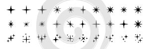 Star icons. Twinkling stars. Sparkles, shining burst. Christmas vector symbols isolated