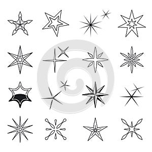 Star icons, vector black stars symbols on white