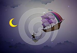 Star keeper, magic ship in the dreamland, the moon, scene from wonderland,