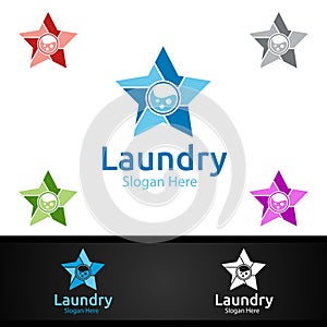 Star Laundry Dry Cleaners Logo with Clothes, Water and Washing Concept