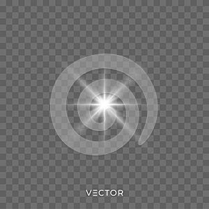 Star light shine, bright starlight rays sparks with lens flare effect on transparent background. Vector Christmas glitter shiny