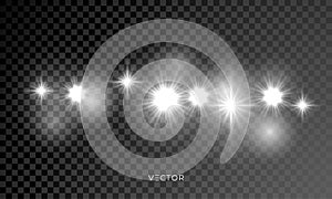 Star light shine, glitter sparkles, lens flare glow blur bokeh effect. Vector Christmas starlight or sunlight, sportlight rays