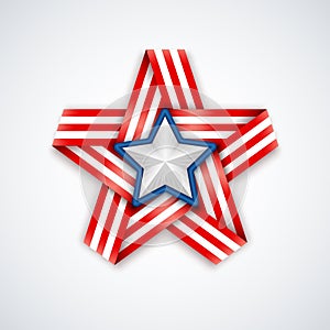 Star made of interlaced ribbon with american flag stripes and white star within. Vector illustration