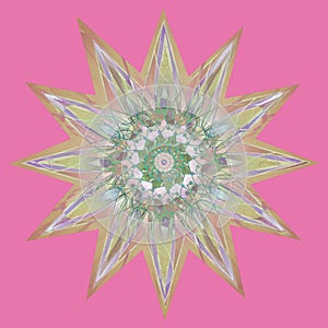 STAR MANDALA. PLAIN PINK BACKGROUND. CENTRAL LINEAR DESIGN IN YELLOW, BEIGE, PUPRLE AND GREEN